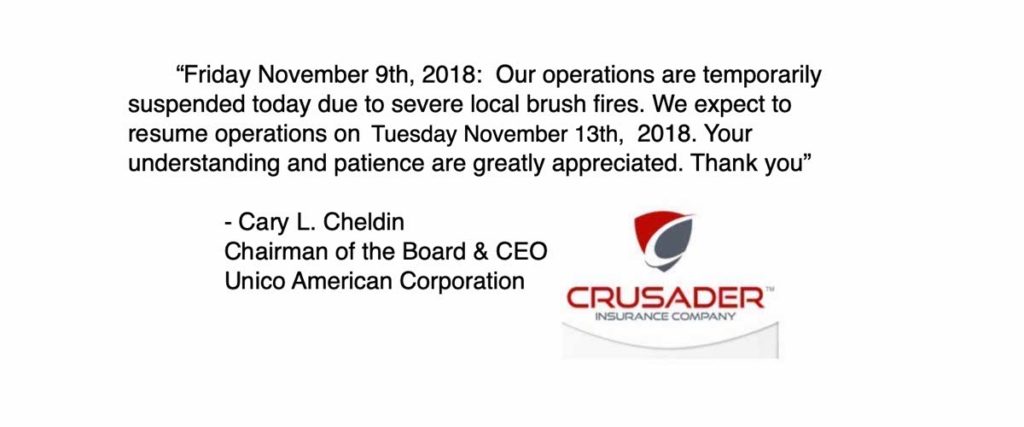 Crusader Insurance Temporary Closure message due to WildFires